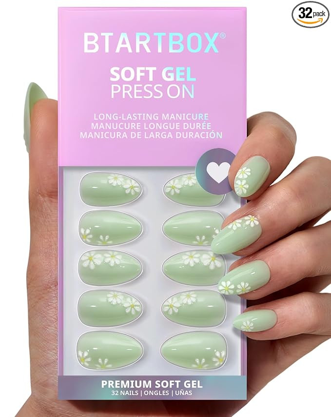 BTArtbox Press On Nails Short - Meadow Daisy, Easy-to-Apply 3D Flower Pastel Green Almond Press O... | Amazon (US)