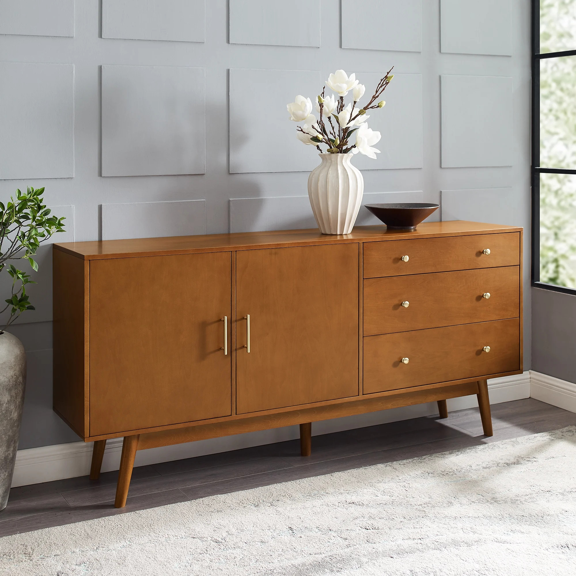 Mid Century Modern 3-Drawer and 2-Door Acorn Sideboard | Walmart (US)