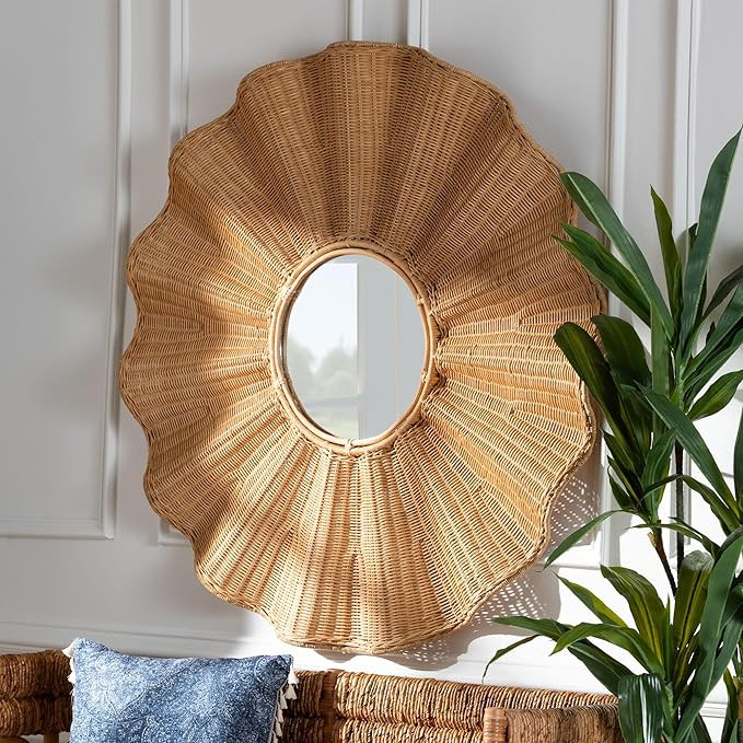 bali & pari Palm Scalloped Rattan Wall Mirror - Handwoven Wicker Round Accent Mirror, Boho Decora... | Amazon (US)