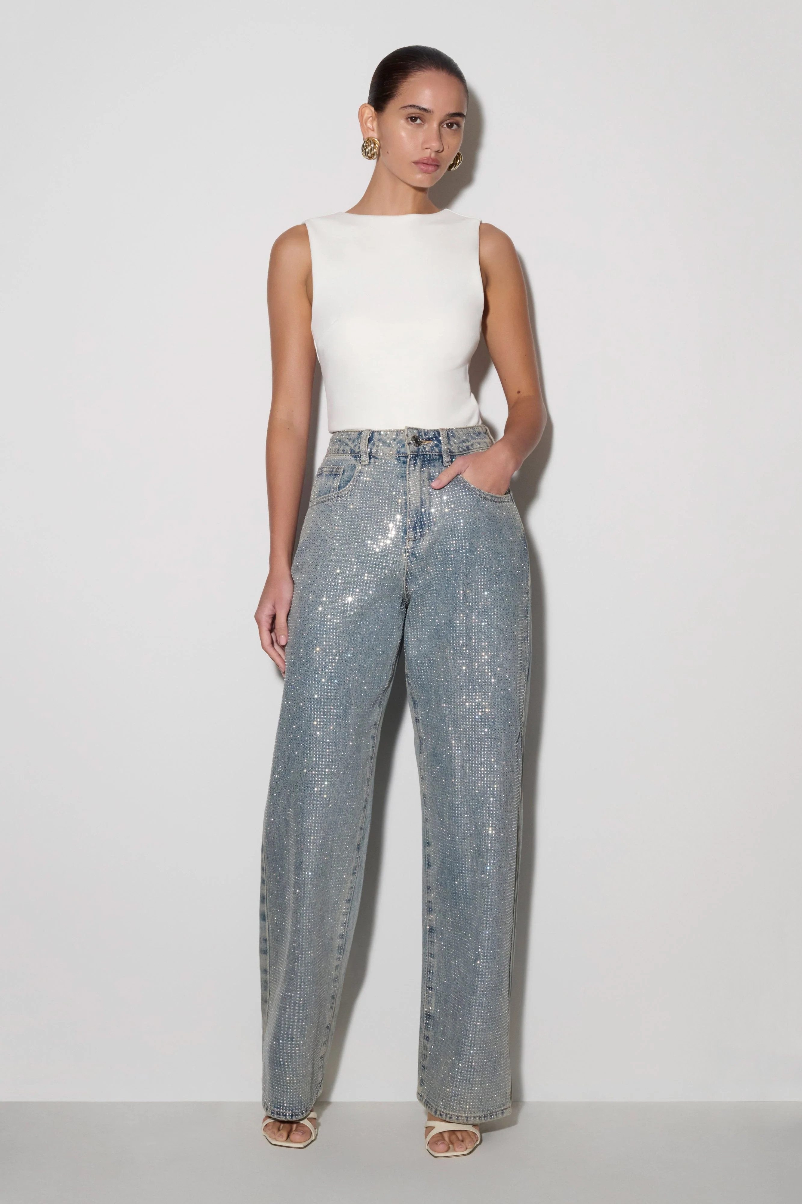 Tyla Diamante Denim Jeans - Blue/Green | MESHKI US