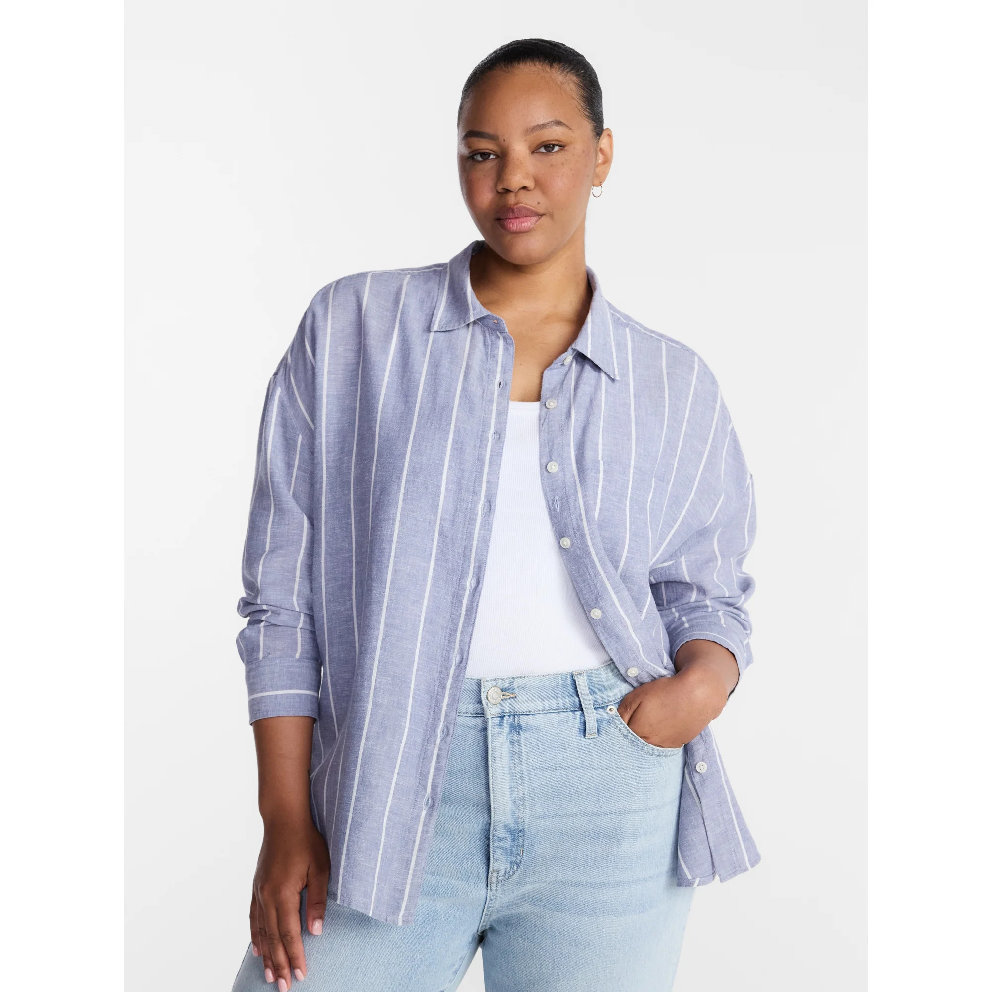 Terra & Sky Women's Plus Linen Striped Boyfriend Shirt, Sizes 0X-5X | Walmart (US)