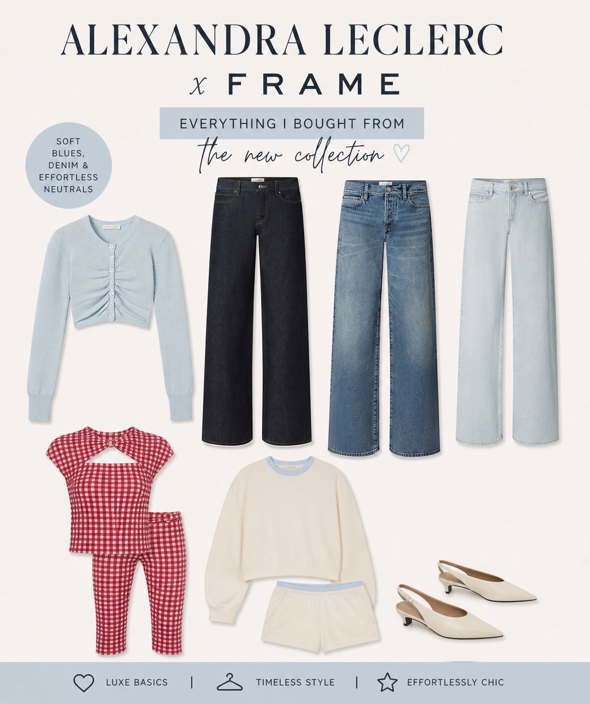 Everything I bought from the Alexandra LeClerc x FRAME collection 🤍

The washes, the soft blue tones, the matching sets… this drop is unreal. which piece would you steal from my cart first? #frame #alexandraleclerc #ltkstyle 

#LTKootd #LTKMothersDay #LTKPetite