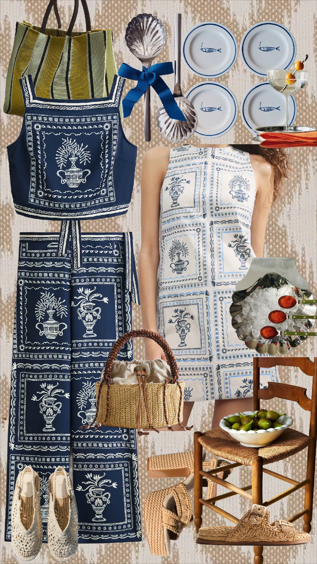 H&M new arrivals are soooo good! 

 These blue-and-white block prints, woven textures, and classic summer staples feel like a Nantucket daydream on a budget. Think effortless resort style you can wear from lunch al fresco to beachside cocktails.

Everything is timeless, mix-and-match, and under $100 (yes please 🙌🏼). The printed set is my personal favorite—so chic styled together or broken up with crisp whites.

Shop all my H&M new arrivals below ✨

⸻

Product List:
	•	Blue printed halter mini dress
	•	Blue & white block print crop top
	•	Matching blue printed wide-leg pants
	•	Striped woven tote bag (green/navy)
	•	Straw drawstring bucket bag with woven handle
	•	Crochet espadrille flats
	•	Woven raffia slide sandals
	•	Woven stretch belt (neutral)
	•	Blue rim fish motif dinner plates (set)
	•	Shell serving spoons (silver)
	•	Scalloped silver serving bowl
	•	Stemmed cocktail glasses

⸻

Hashtags:

#LTKStyle #LTKSummer #LTKUnder100 #HMStyle #HMFinds #GrandmillennialStyle #CoastalStyle #CoastalChic #BlueAndWhite #SummerStyle #ResortWear #ClassicStyle #PreppyStyle #NantucketStyle #AffordableFashion #LTKSeasonal #BeachStyle #SummerOutfits #ChicFinds #HomeAndStyle