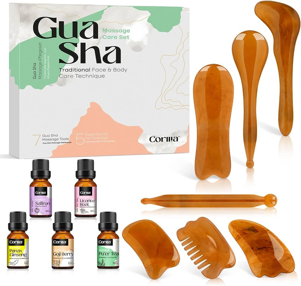 Gua Sha Facial Tools and Massage Oil Set, Natural Amber Stone GuaSha Massage Tool for Face and Bo... | Amazon (US)