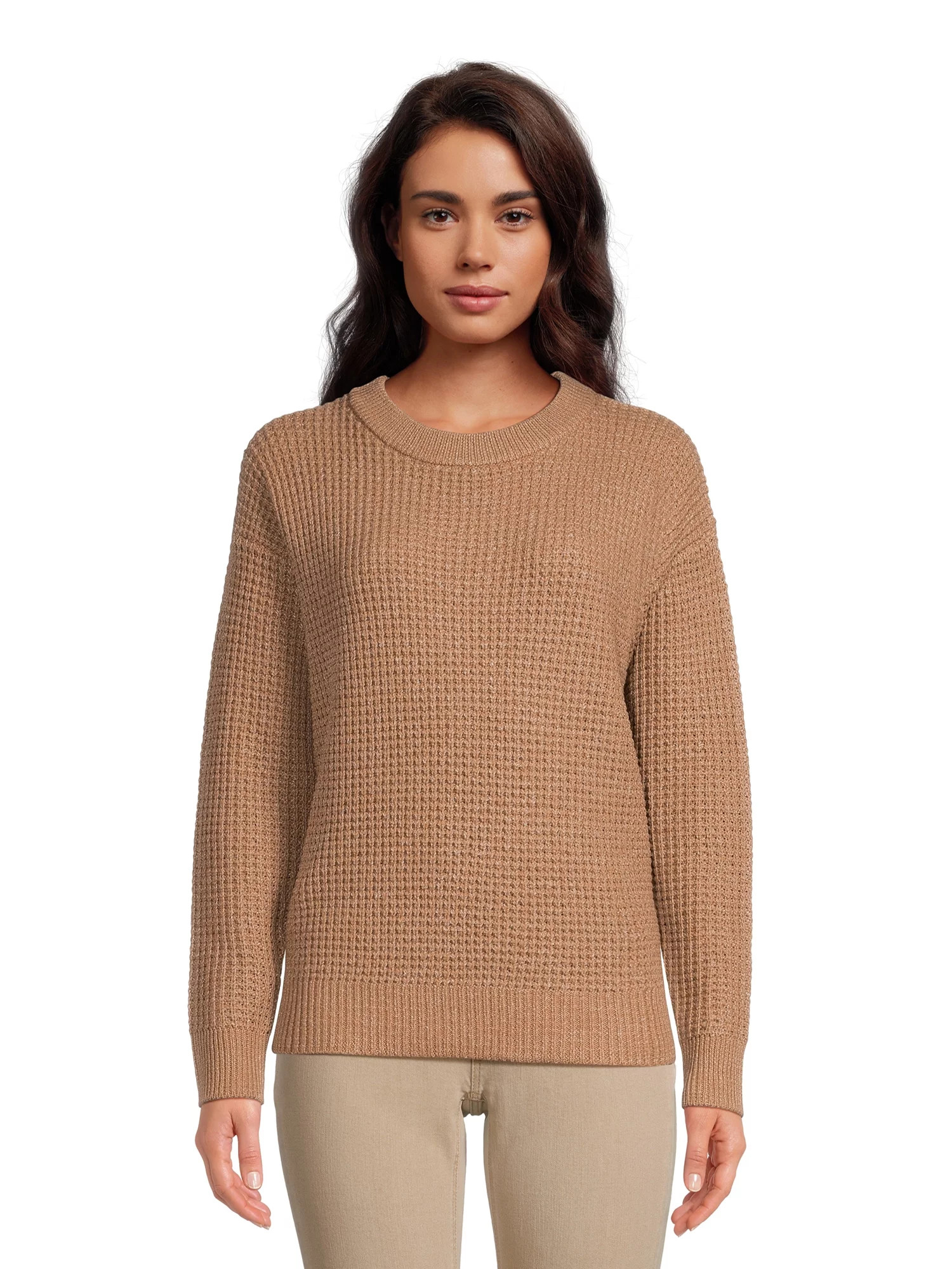 Time and Tru Women's Long Sleeve Waffle Crewneck Pullover Sweater | Walmart (US)