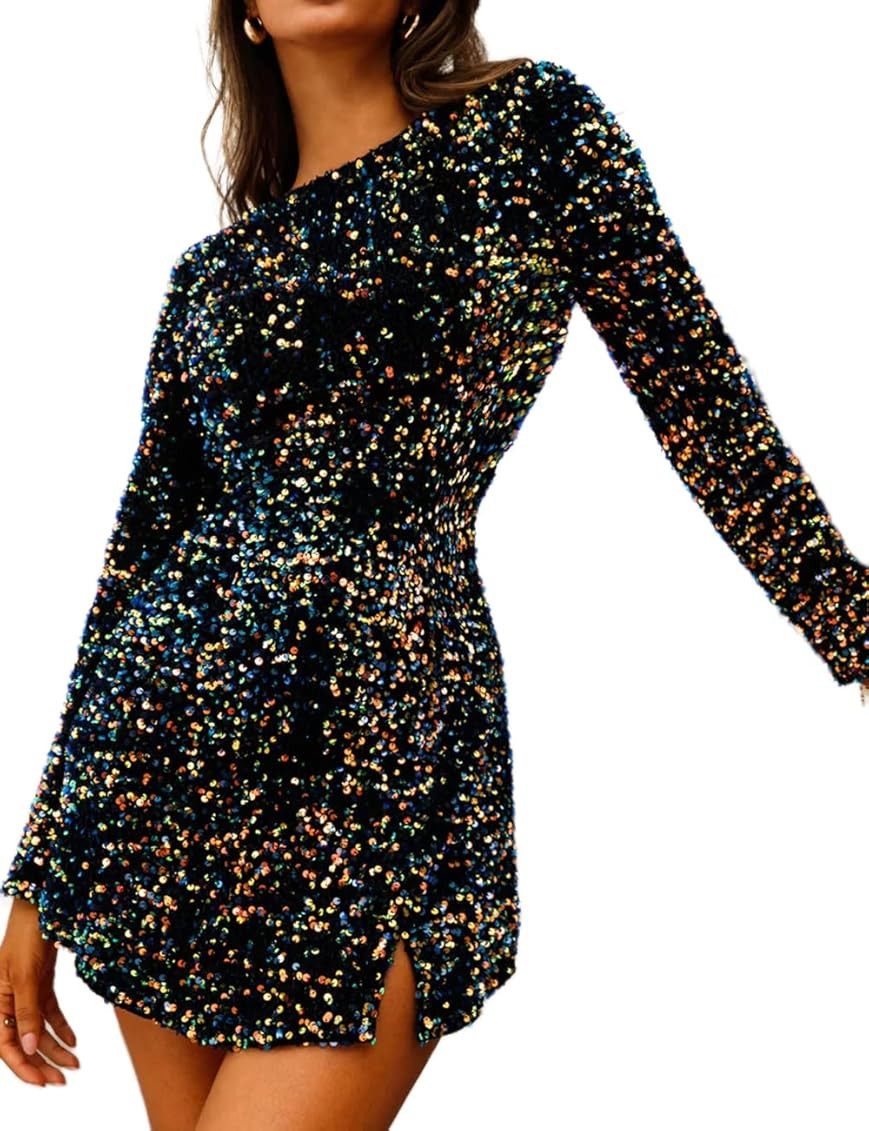 R.Vivimos Women's Sequin Bodycon Dress Fall Winter Long Sleeve Crew Neck Sexy Backless Glitter Sl... | Amazon (US)