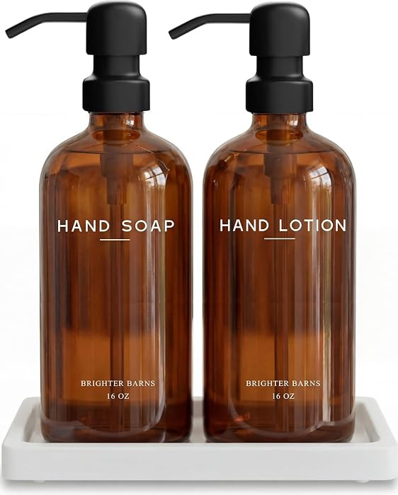 Amber Glass Soap and Lotion Dispenser Set with Tray by Brighter Barns - Hand Soap Dispenser Bathr... | Amazon (US)