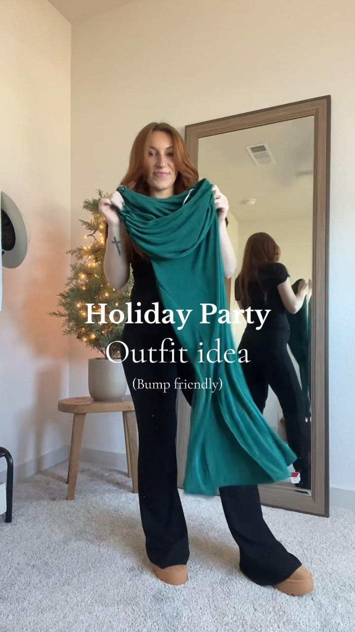 Holiday Party Outfit - Wedding Guest SHEIN green bump friendly midi dress - SHEIN heels with rhinestones - Bloomingdale’s bracelet set - Free People silver hoops - ASOS trench coat - SHEIN bow #LTKHoliday 

#LTKstyletip #LTKbump