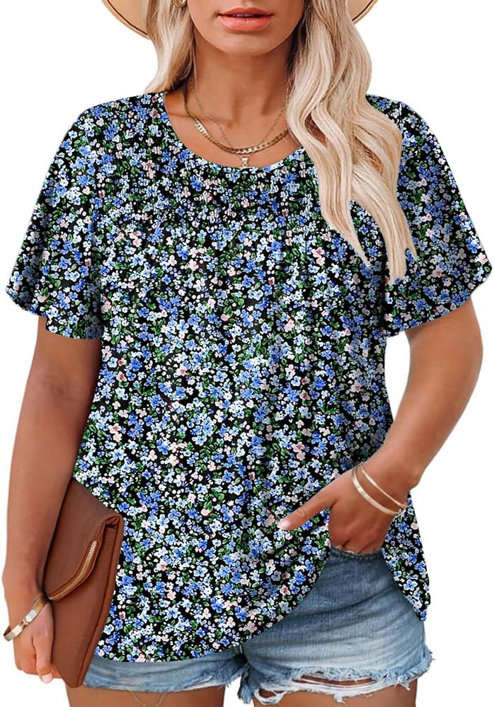 ROSRISS Plus Size Tops for Women Summer Short Ruffle Sleeve Shirts Casual Trendy Crew Neck Tees L... | Amazon (US)