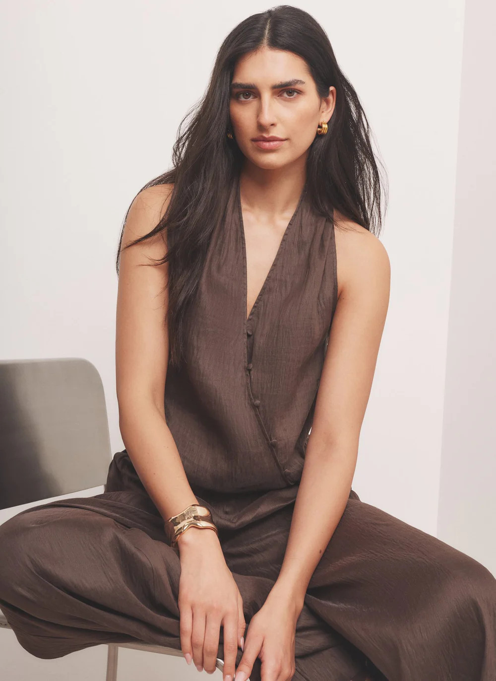 Brown Linen Blend Halter Top | Mint Velvet