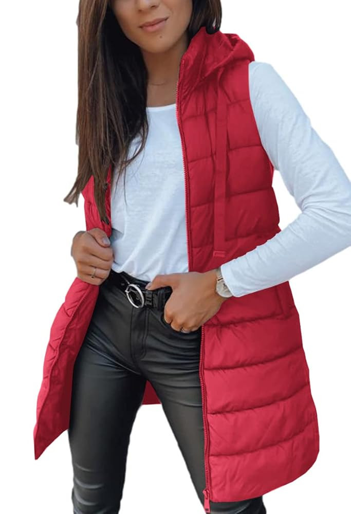 Veatzaer Women Long Vest Solid Color Sleeveless Hood Winter Puffer Vest Outwear | Amazon (US)