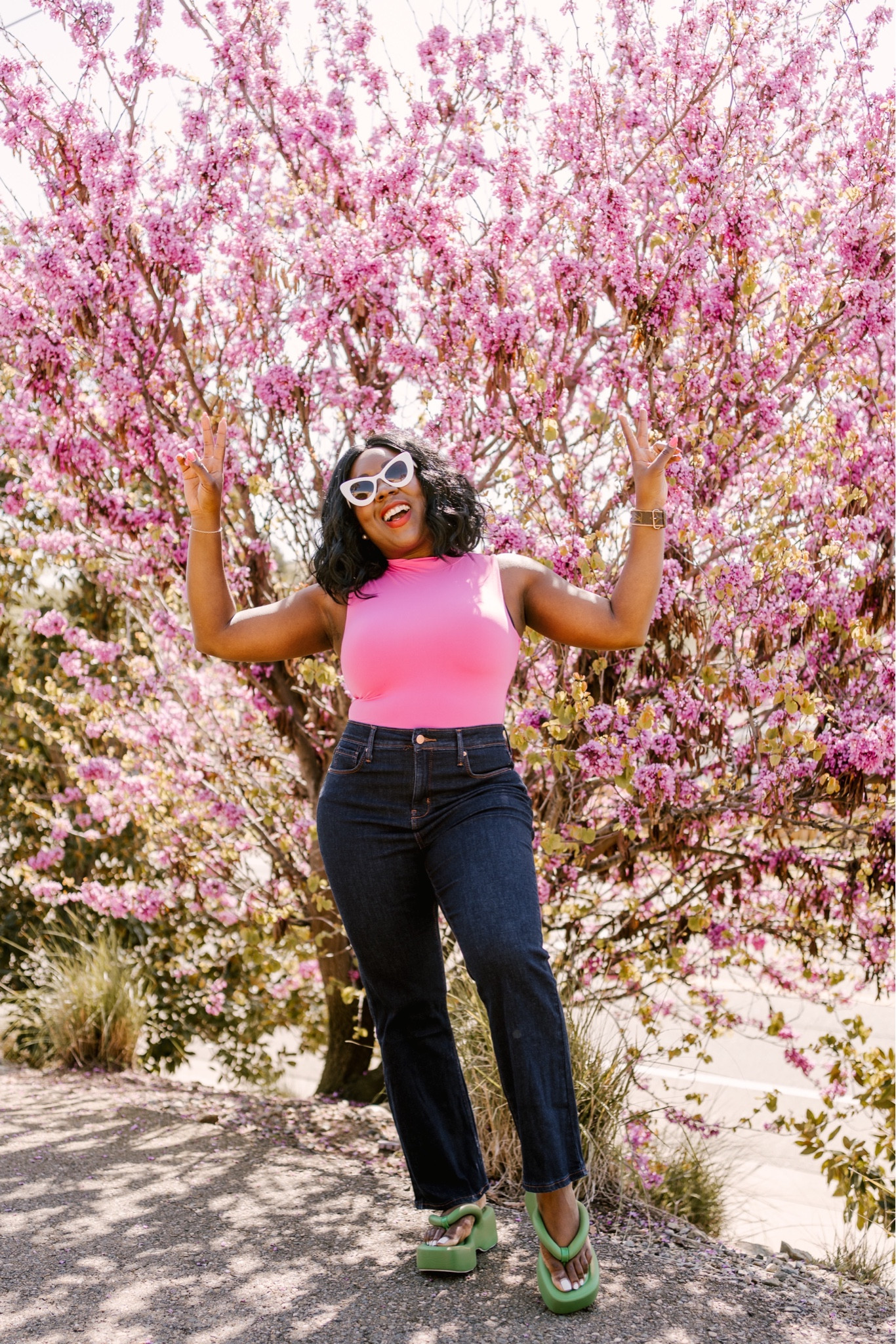 Can never go wrong with a pop of color!! Love this Pumiey hot pink bodysuit with the mock neck! Paired it with Target dark wash jeans, Nordstrom green platform sandals and Free People sunglasses! Ordered size large in bodysuit and 10 in denim!

#LTKshoecrush #LTKFind #LTKstyletip