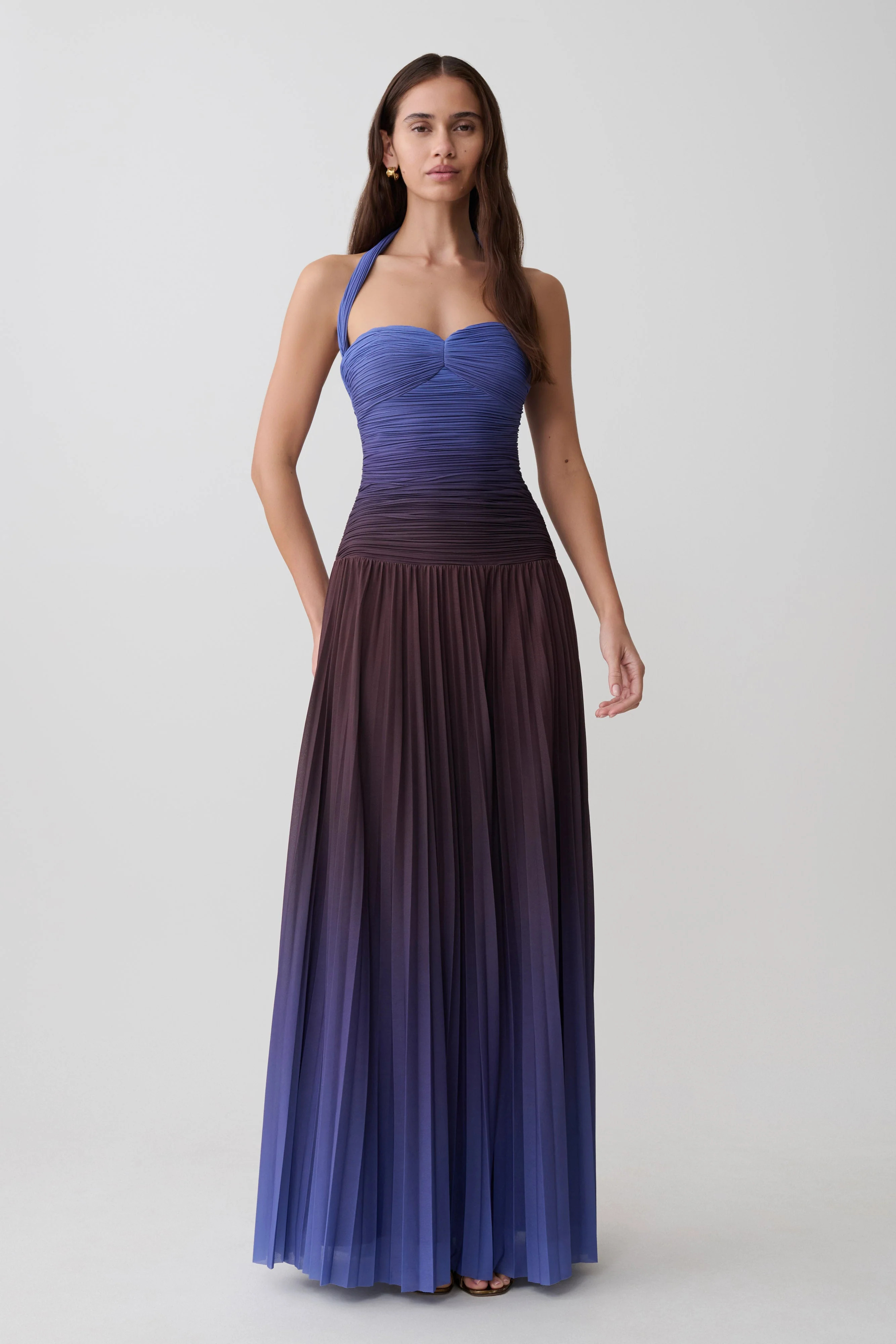 Azizi Pleated Halter Midi Dress - Chocolate & Blue Ombre Print | MESHKI US