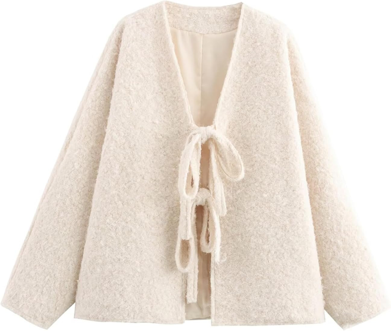 Wyeysyt Womens Fuzzy Tie Front Jacket Oversized V Neck Long Sleeve Causal Coat Bow Furry Jacket O... | Amazon (US)