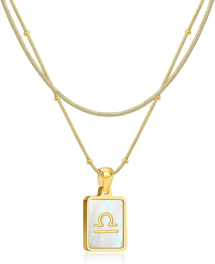 LETFLY Zodiac Natural Shell Layered Gold Necklace for Women, 18K Gold Plated Square Shaped Pendan... | Amazon (US)