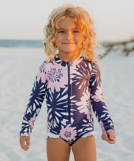 Navy & Pink Floral Ruffle One-Piece Rashguard - Infant, Toddler & Girls | Zulily