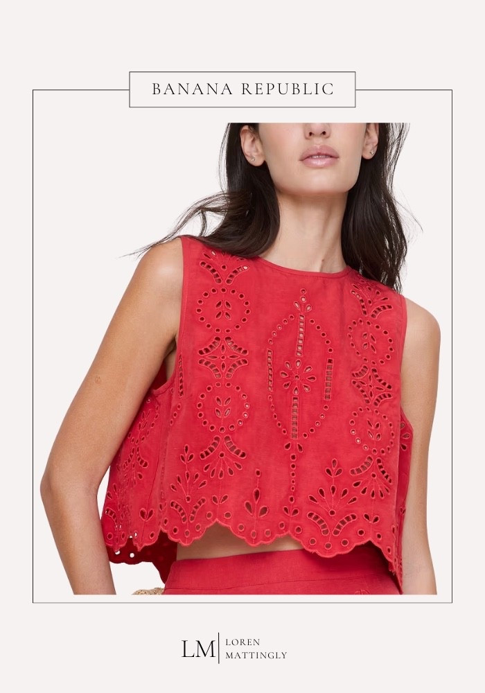 This red eyelet top from Banana Republic is the one I almost scrolled past and then could not stop thinking about. The eyelet work is so much prettier in person, and the crop hits right at the top of a high-waisted jean or short, so it covers what I want covered and still feels like summer. Red isn't a color I reach for on instinct, and every time I put this on I feel a little more like myself.

xo, Loren

#bananarepublic