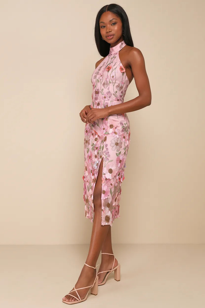 Unique Impression Pink 3D Floral Embroidered Halter Midi Dress | Lulus