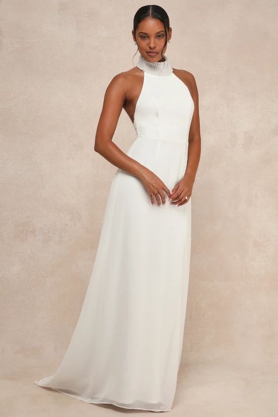 White Pearl Mock Neck Maxi Dress | White Maxi Dress | Wedding Dress Bride | Lulus