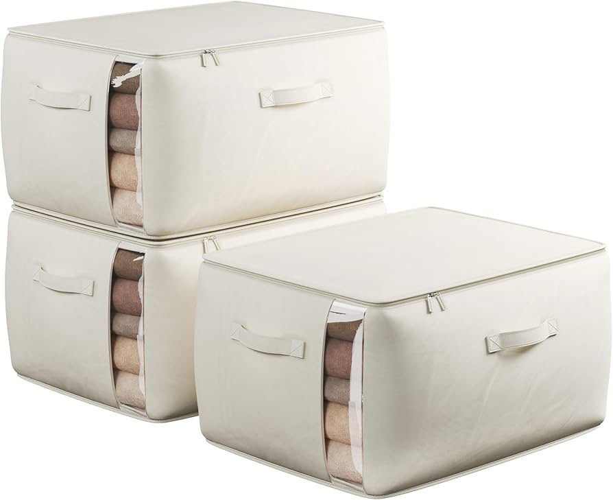 Large Canvas Clothes Storage Bags with Thick Handles and Clear Window, Foldable Cotton Linen Clos... | Amazon (US)