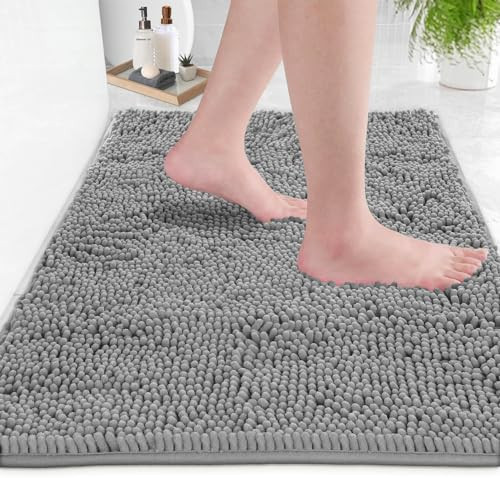 LuxUrux Chenille Bath Mat – Bath Rug 30”x20”, Soft Plush and Absorbent Microfiber Bathroom Floor Mat, Non-Slip, Quick Dry, Machine Washable Rug for Shower or Tub, Light Grey | Amazon (US)