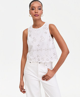 Women's Crystal Embellished Eyelet Sleeveless Top | Macy's