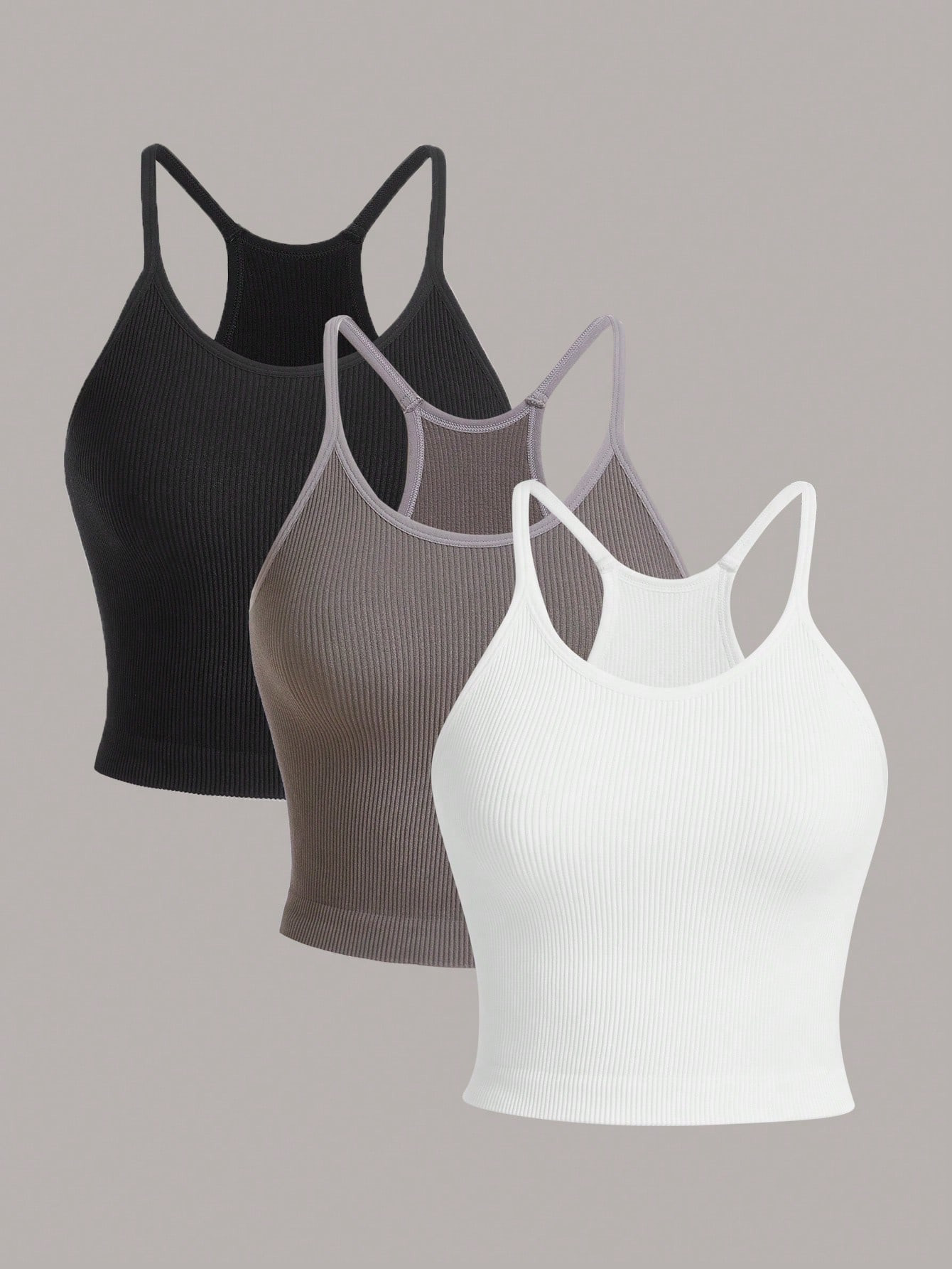 3pcs Solid Ribbed Knit Sports Cami Top compression shirt | SHEIN