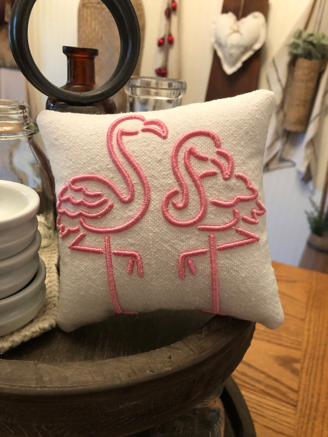 Tiered tray pillow flamingo kitchen decor farmhouse inspired embroidery | Etsy (US)