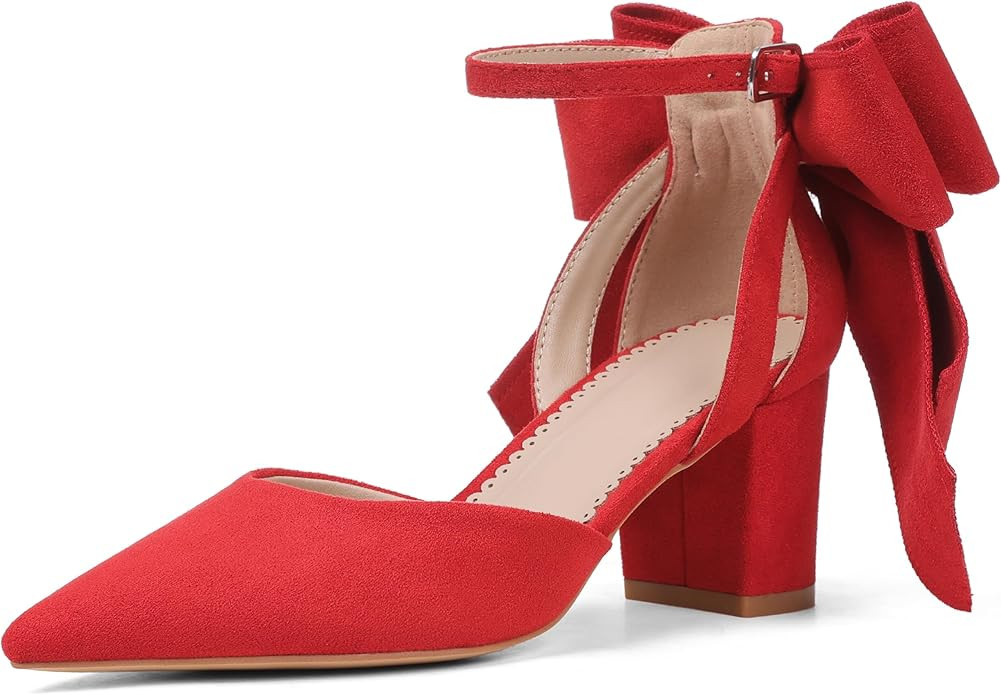 Women's Black Pointed Toe Pumps Bow Ankle Strap Chunky High Heels Dress Wedding Shoes | Amazon (US)