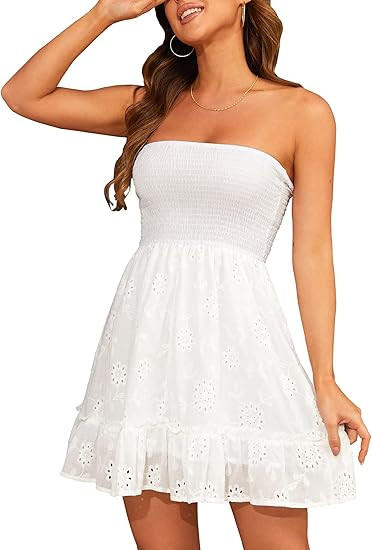 Tube Top Dress for Women Summer Solid Strapless Mini Dresses, Off The Shoudle Ruffle Beach Dress | Amazon (US)