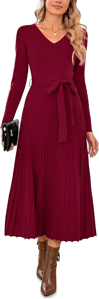 Arach&Cloz Women's Wool Blend Tie Waist Pleated Fall Sweater Dress 2025 | Amazon (US)