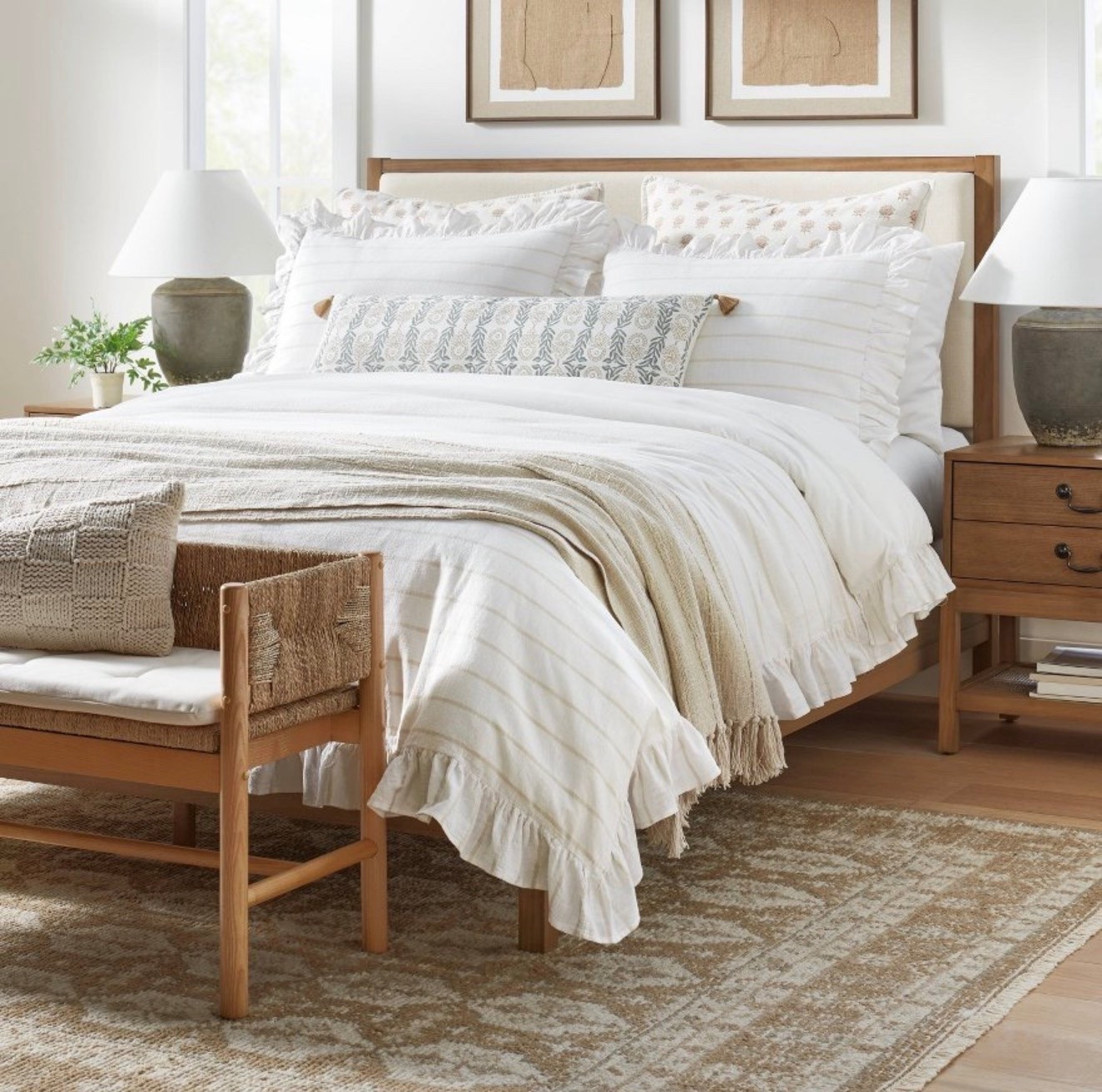 Full/Queen Yarn Dye Stripe with Ruffle Duvet Cover & Sham Set White/Khaki - Threshold™ with Studio McGee: Cotton

#LTKHome