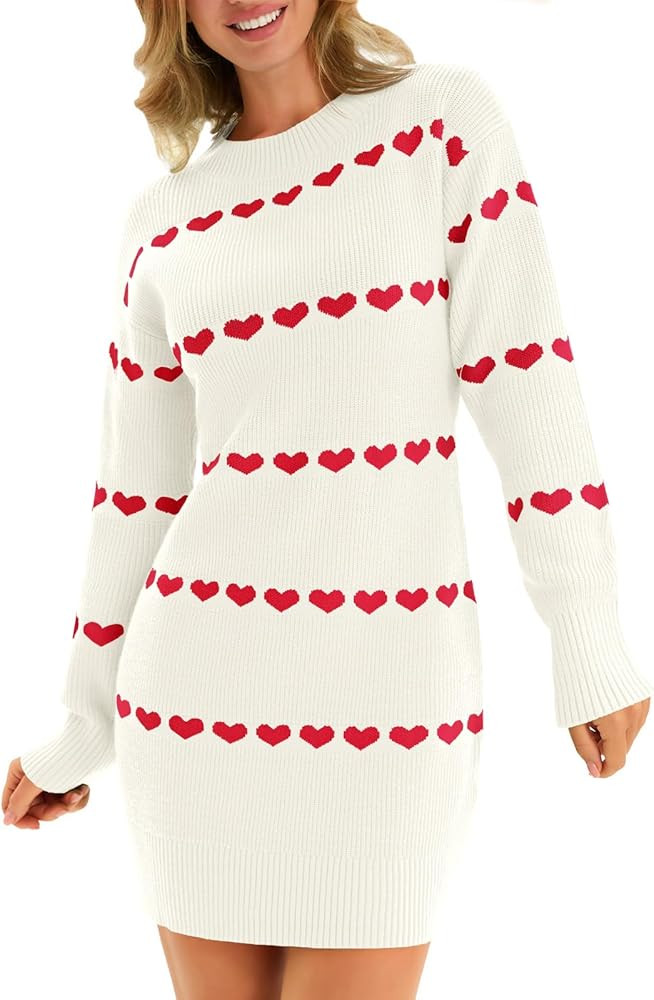 Wenrine Womens Long Sleeve Sweater Dress Fall Knit Heart Crewneck Cute Valentines Bodycon Mini Dr... | Amazon (US)