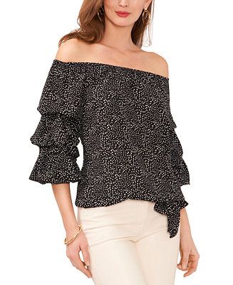 Vince Camuto Women's Printed Off The Shoulder Bubble Sleeve Tie Front Blouse - Macy's | Macy's