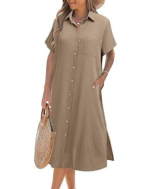 Zeagoo Womens Dress Summer Casual Short Sleeve Button Down Shirt Dress Beach Cover Up Dress with ... | Amazon (US)