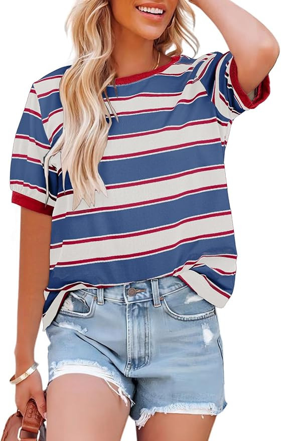 Dokotoo Womens Summer Tops 2026 Striped Color Block Short Sleeve Fashion T-Shirts Crewneck Casual... | Amazon (US)