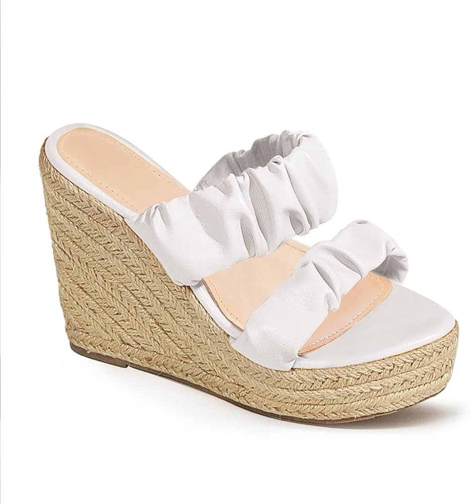 Womens Espadrilles Platform Wedge Sandals Faux Leather Ruched Strap Slip On Sandals Quilted High ... | Amazon (US)