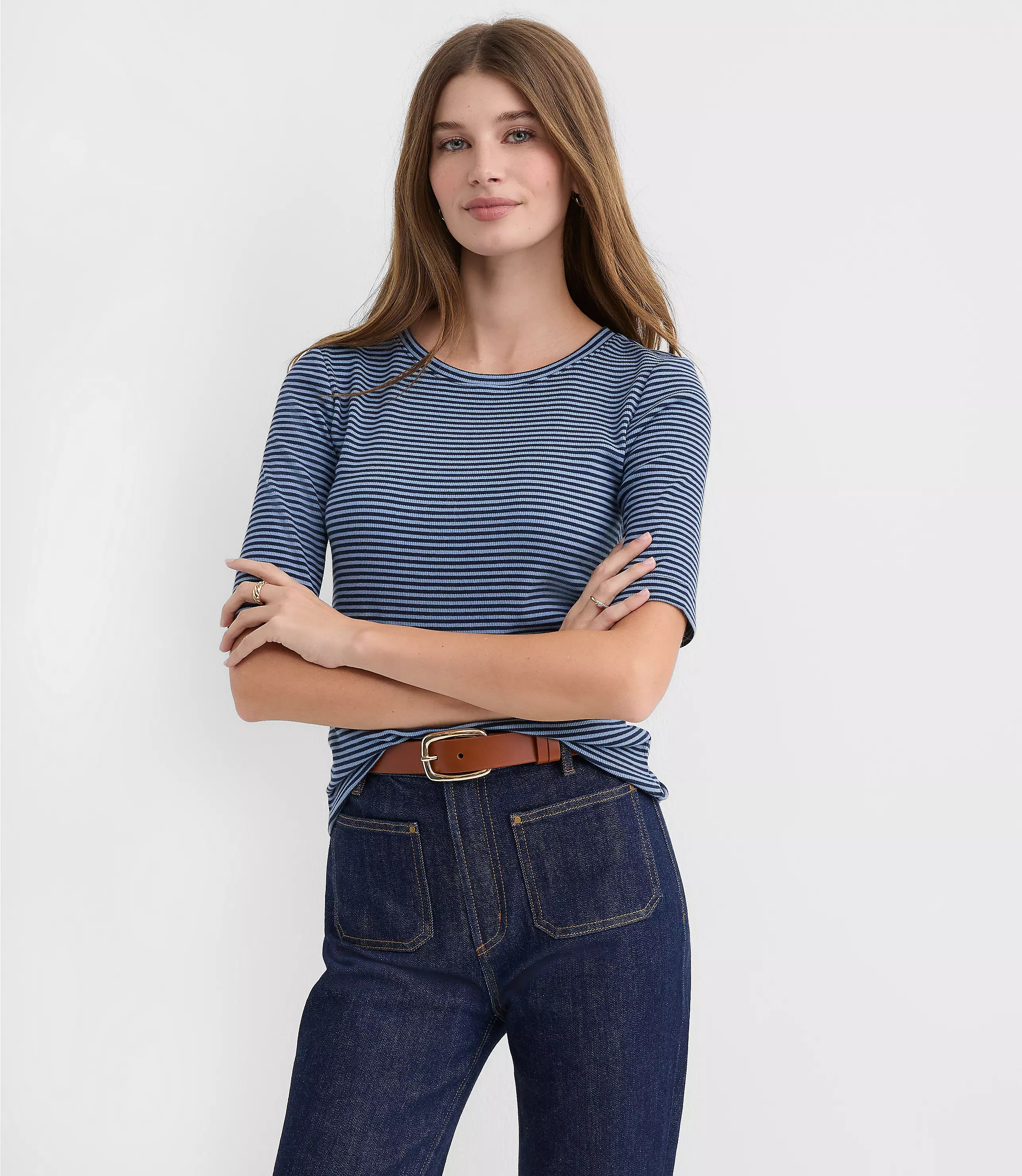 Stripe Perfect Ribbed Elbow Sleeve Tee | LOFT