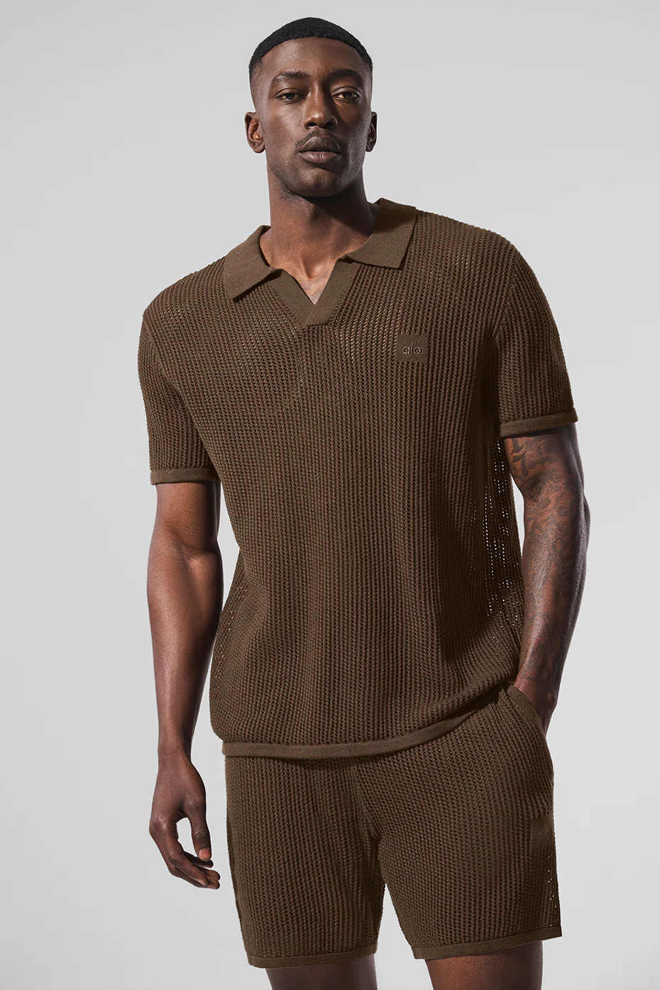 ALO | Open-Knit Polo Shorts Short Sleeves Top in Espresso Brown, Size: 2XL | Alo Yoga