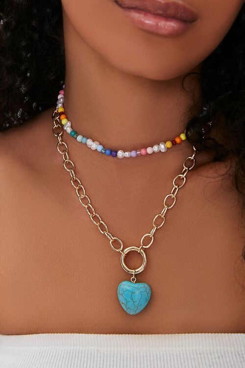 Faux Turquoise Heart Charm Beaded Necklace | Forever 21 (US)