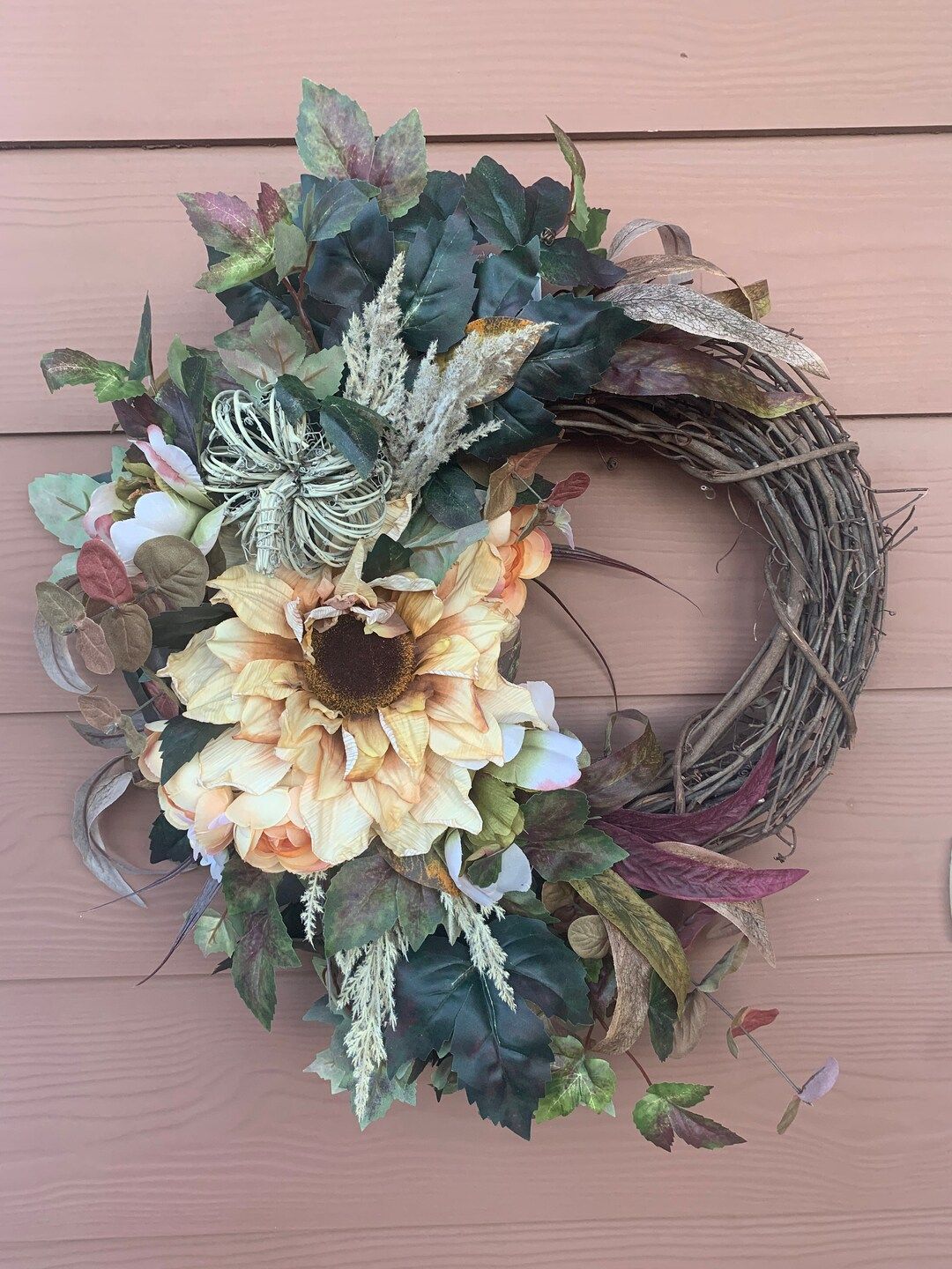 Fall wreath, sunflower wreath, grapevine wreath, pumpkin wreath, pampas grass wreath | Etsy (US)