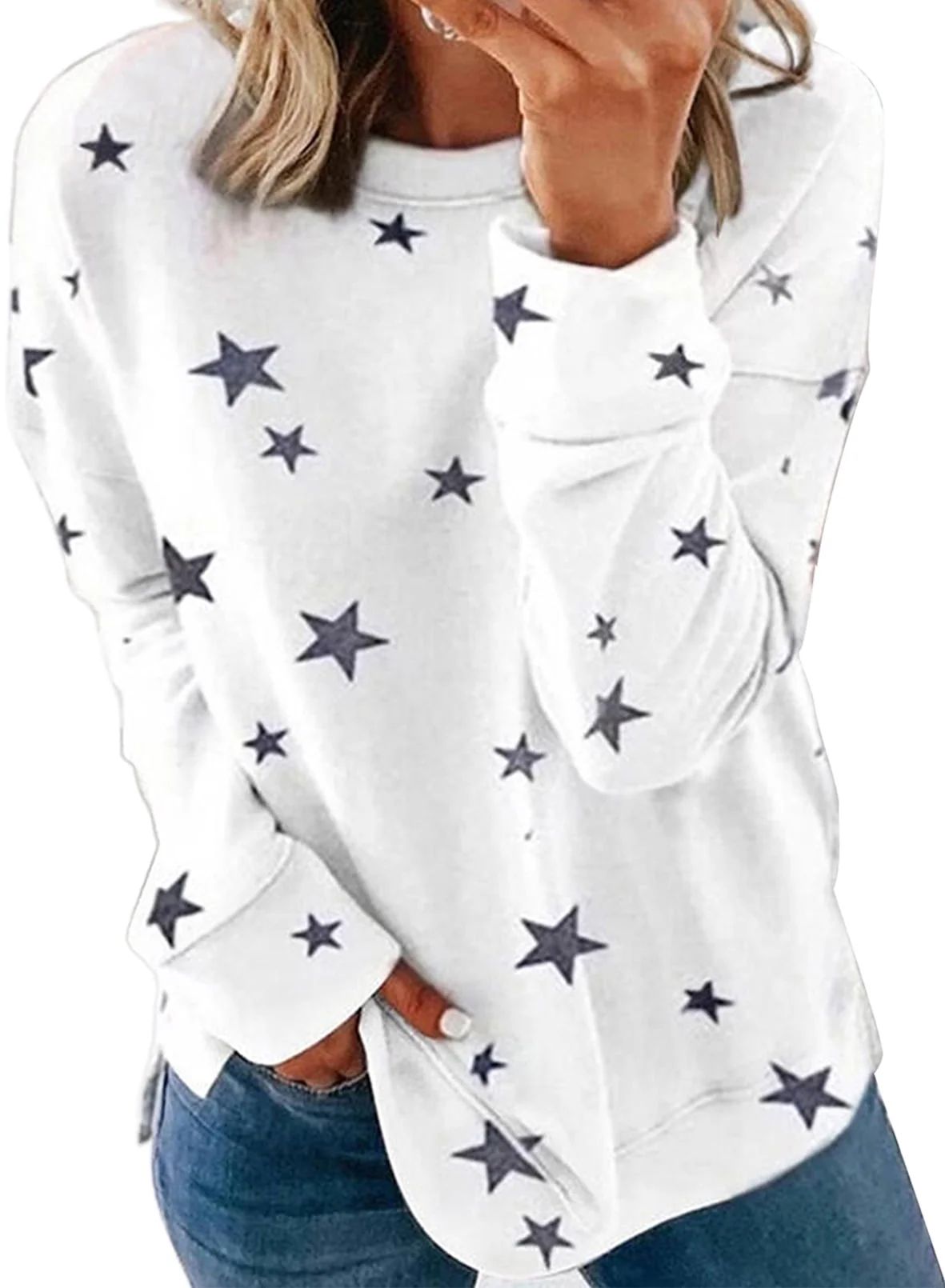 Dokotoo Women's White Star Printed Shirts Casual Pullover Top Crewneck Long Sleeve Tops, US 8-10(... | Walmart (US)