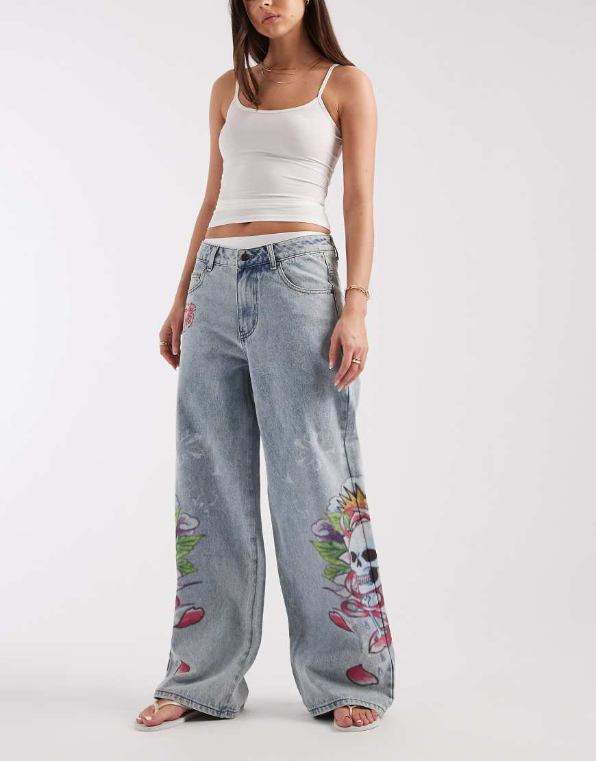 Ed Hardy cherry skull side print jeans in distress wash-Blue | ASOS (Global)