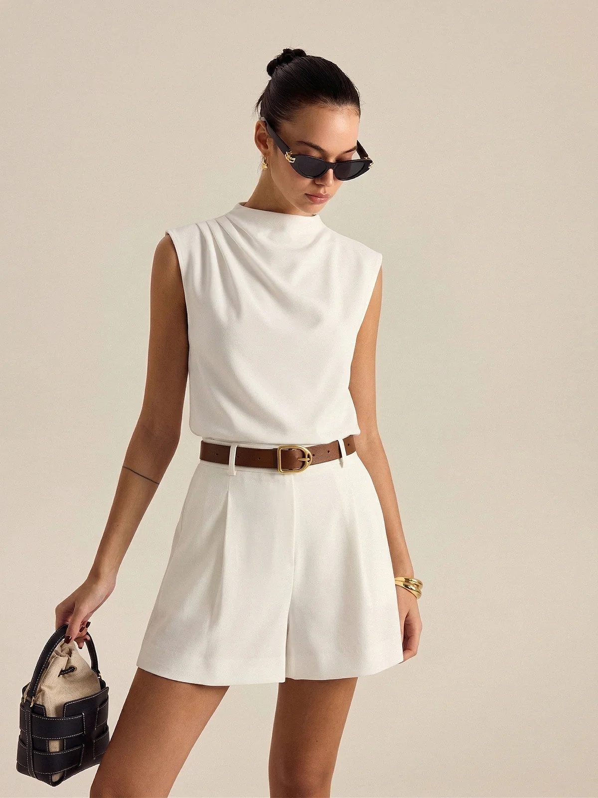 Draped Sleeveless Top & Belted Shorts Set | Commense