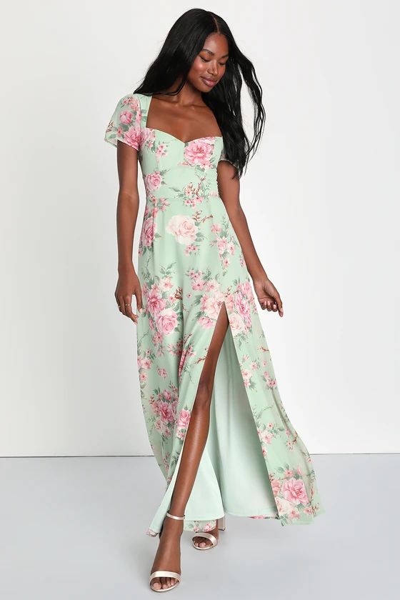Truly Unforgettable Sage Green Floral Short Sleeve Maxi Dress | Lulus (US)