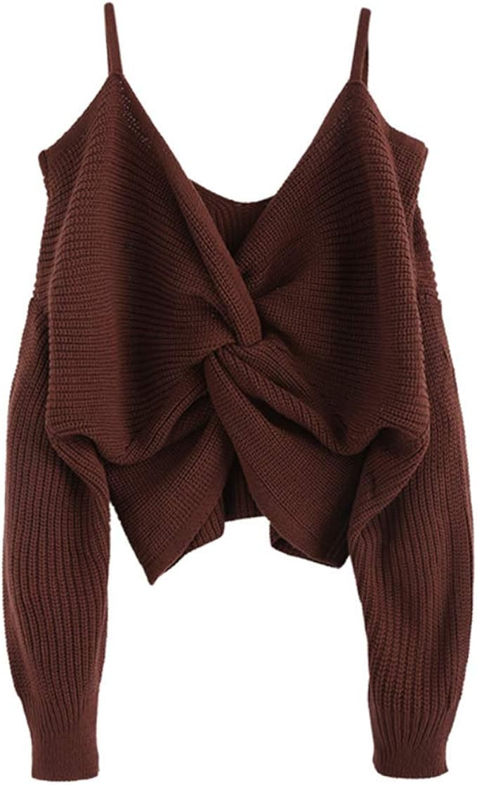 ZAFUL Women's Cold Shoulder Sweater Twist Knot Backless V Neck Straps Sexy Knit Pullover Jumper C... | Amazon (US)