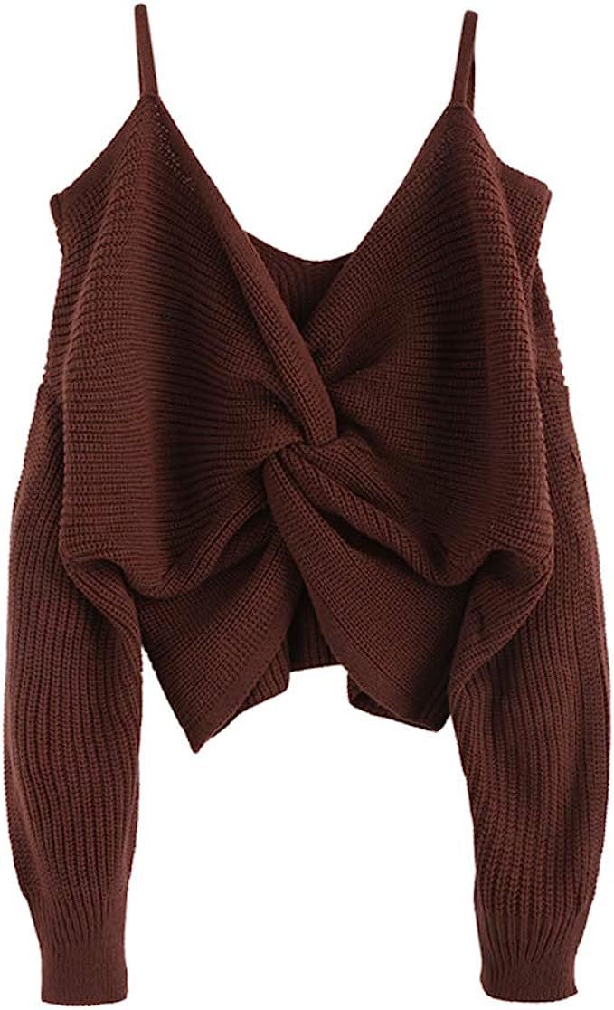 ZAFUL Women's Cold Shoulder Sweater Twist Knot Backless V Neck Straps Sexy Knit Pullover Jumper C... | Amazon (US)