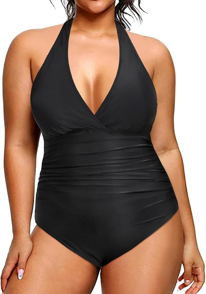 Daci Women Black V Neck Plus Size One Piece Swimsuits Tummy Control Ruched Bathing Suit Halter Ba... | Amazon (US)