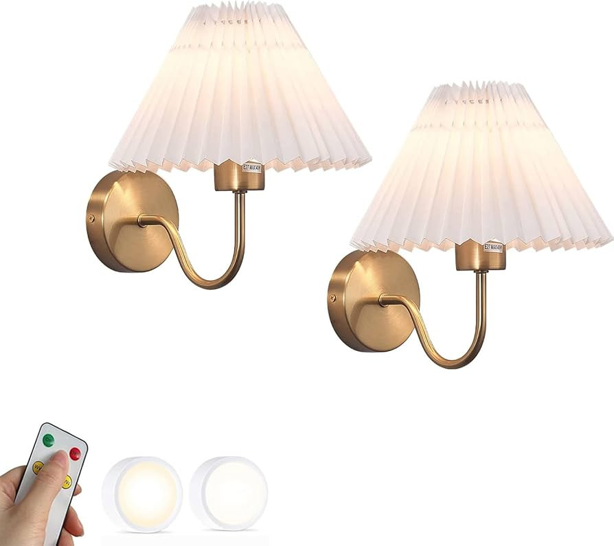 Battery Operated Wall Sconce with Remote Control Gold Nordic White Vintage Pleated Fabric Shade W... | Amazon (US)