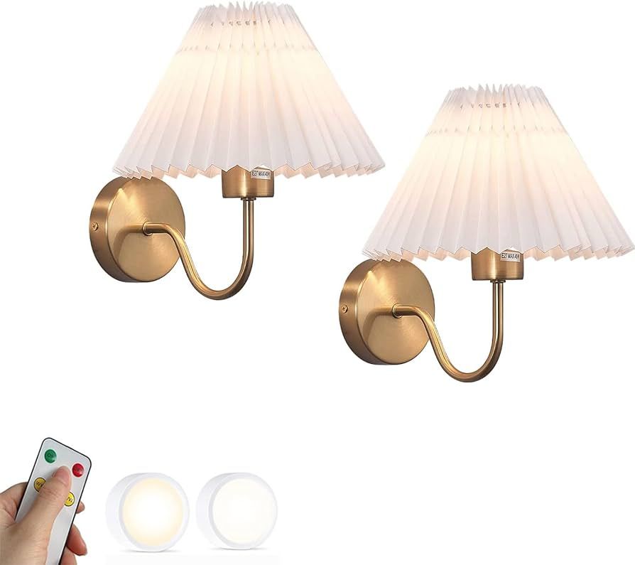 Battery Operated Wall Sconce with Remote Control Gold Nordic White Vintage Pleated Fabric Shade W... | Amazon (US)
